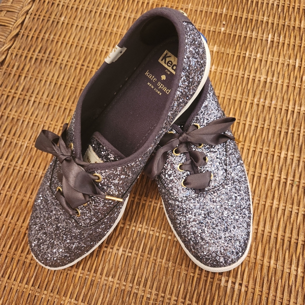 Keds x Kate Spade New York Gray Pewter Glitter Champion Sneakers WF56376 8.5